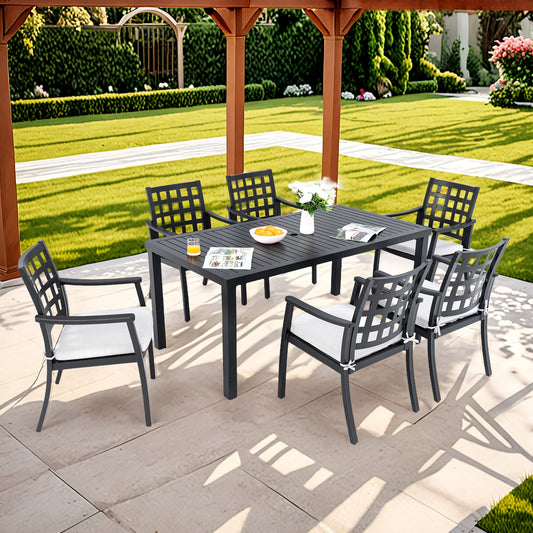 Bastion 7-Piece Cast Aluminum Dining Set – Ember Black Table with Sunbrella Cushions & Weather-Resistant Chairs