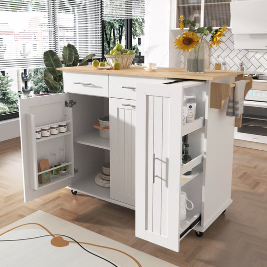 K&K Tiered Storage Island – White Kitchen Cart with Pull-Out Racks and Drop Leaf