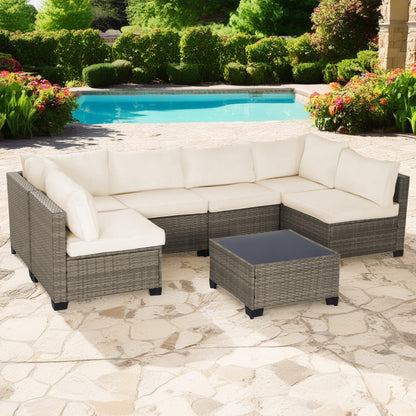 Solvia Lounge Set – 7-Piece Gray Wicker Patio Set with Beige Cushions