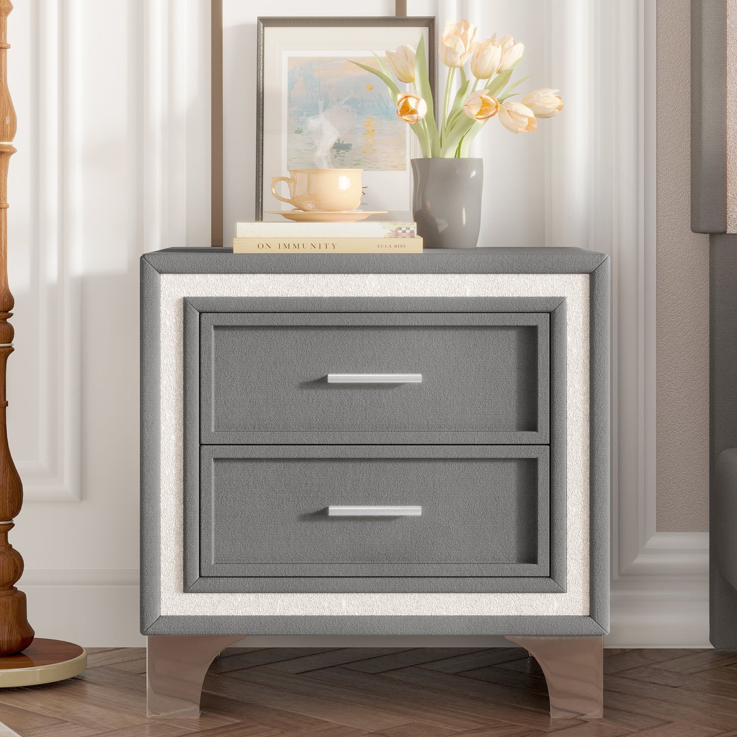 Glistra Nightstand – Gray Velvet 2-Drawer Table with Silver Strip & Metal Legs