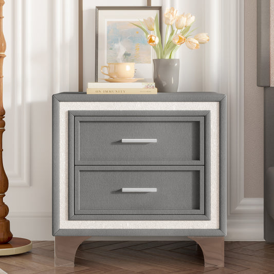 Glistra Nightstand – Gray Velvet 2-Drawer Table with Silver Strip & Metal Legs