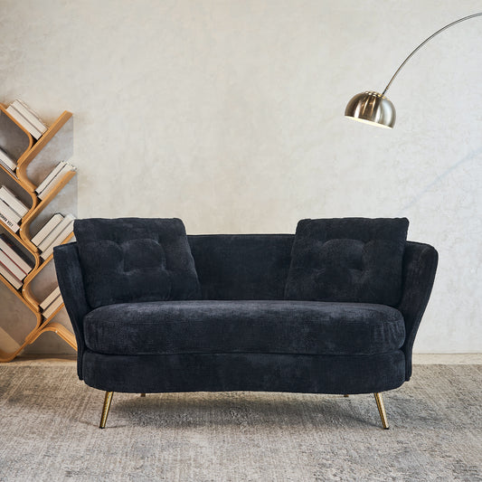 Gildora™ Black Upholstered Loveseat Chair – Sleek 2-Seater with Gold Metal Legs for Modern Small Rooms