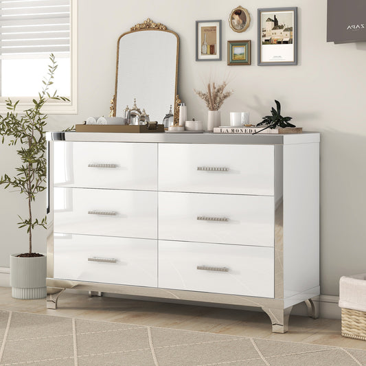 Clarvia GlossTower – White 6-Drawer Dresser with Mirrored Accents and Metal Pulls