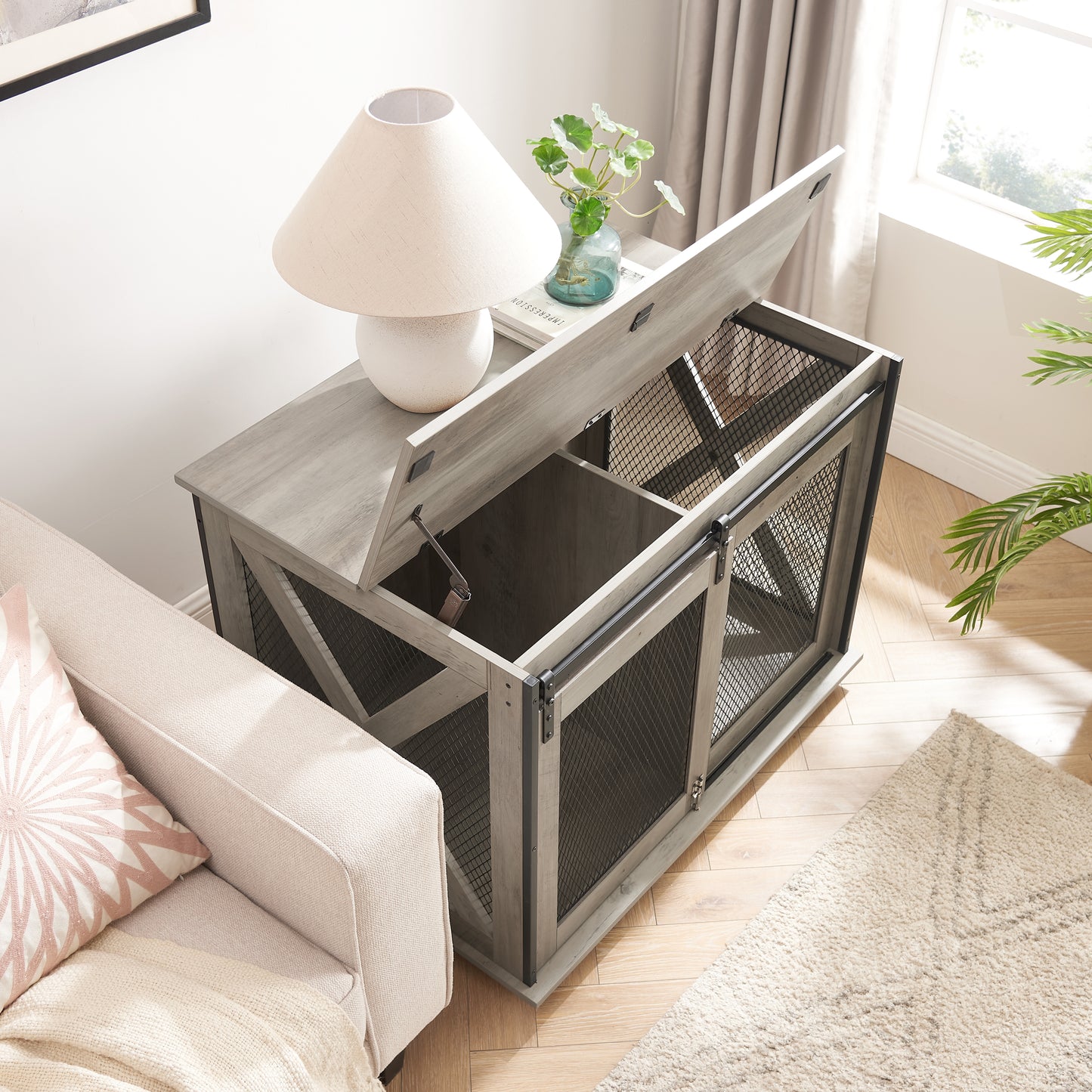 Hollo Farmhouse Crate – Gray Dog Kennel Table with Sliding Barn Door & Flip - Top Divider - JUSTLIVE NESTJUSTLIVE NEST