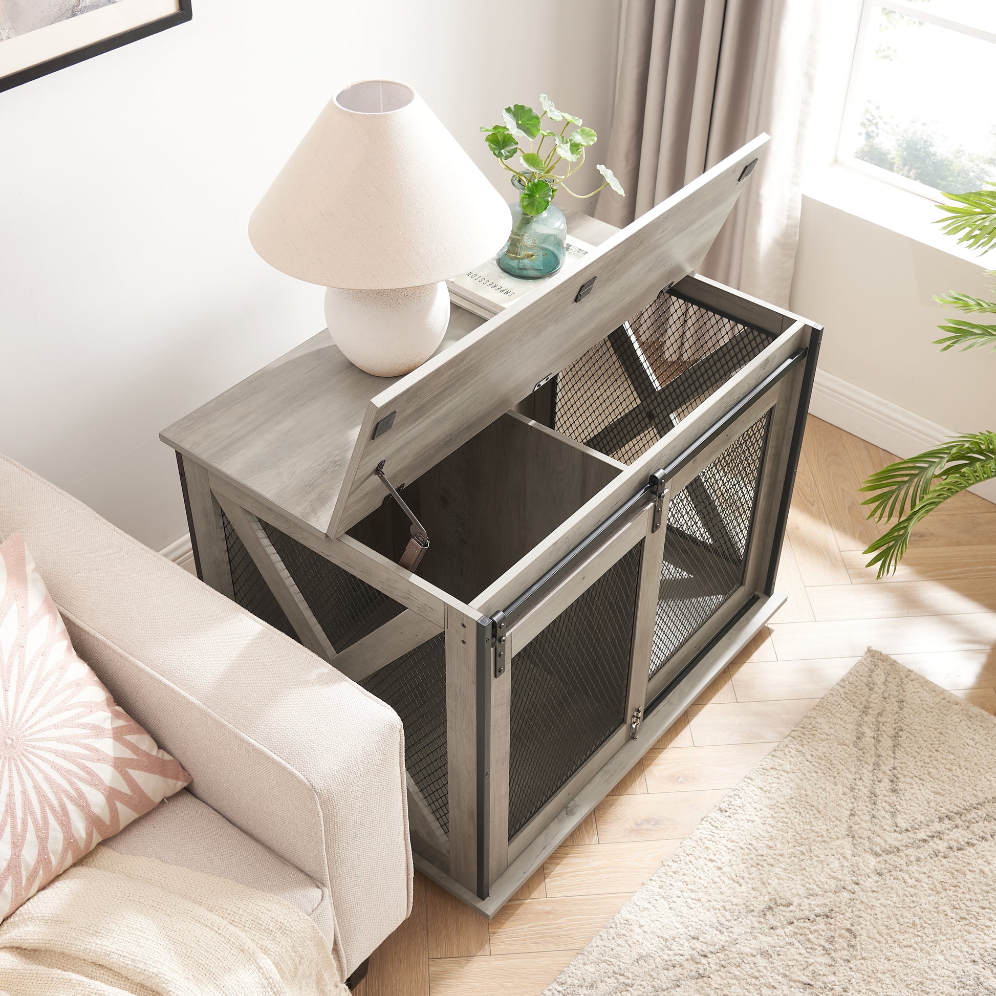 Hollo Farmhouse Crate – Gray Dog Kennel Table with Sliding Barn Door & Flip - Top Divider - JUSTLIVE NESTJUSTLIVE NEST