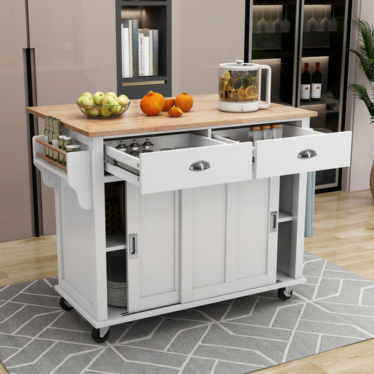 Barnix Kitchen Island – White Drop-Leaf Cart with Sliding Barn Door and 2 Drawers