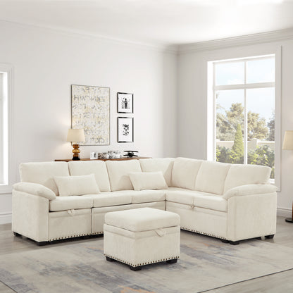 97' Corner Lounge Set – Plush 7-Seat Sofa with Storage Hub & Accent Pillows (Beige)