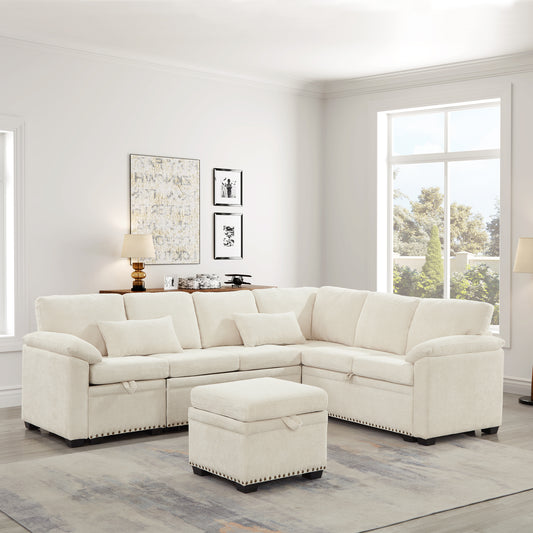 97' Corner Lounge Set – Plush 7-Seat Sofa with Storage Hub & Accent Pillows (Beige)