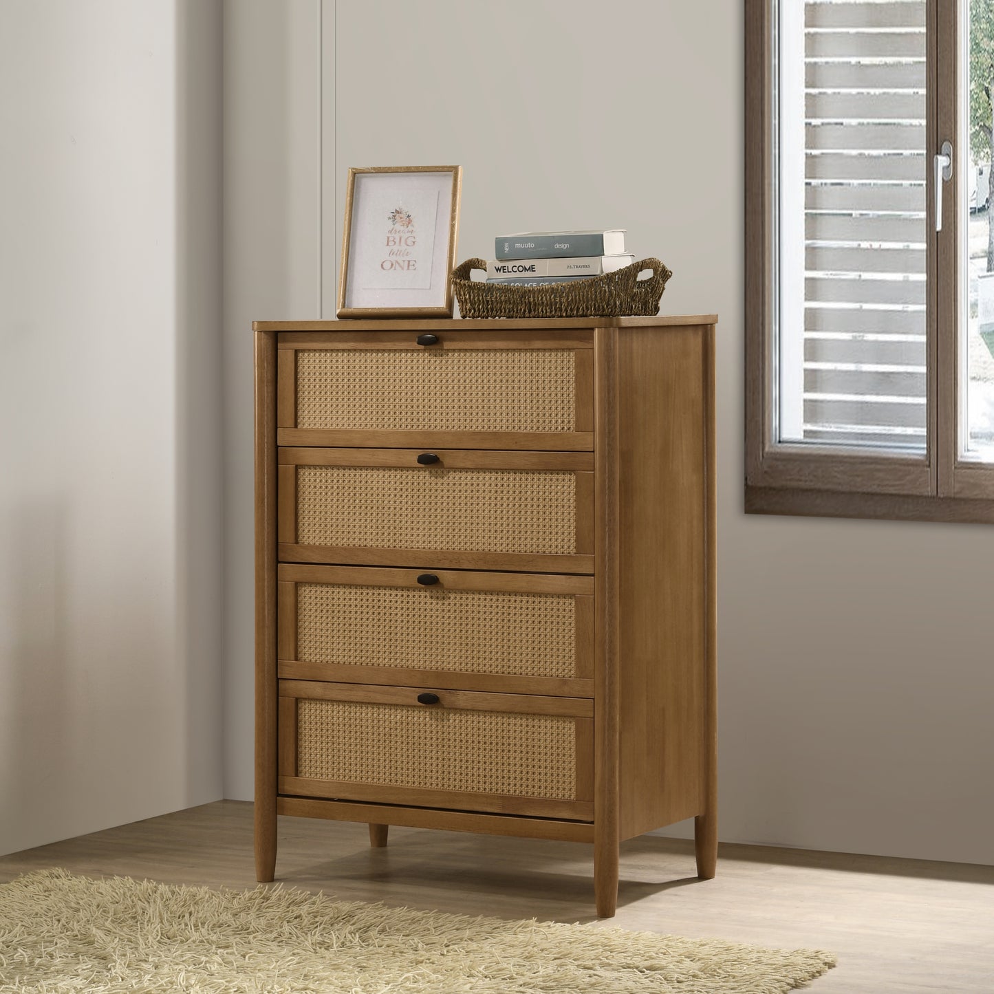 Vichy 4-Drawer Blend – Natural Wood and Rattan Chest with Vintage-Woven Accents