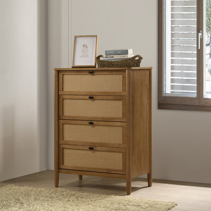 Vichy 4-Drawer Blend – Natural Wood and Rattan Chest with Vintage-Woven Accents