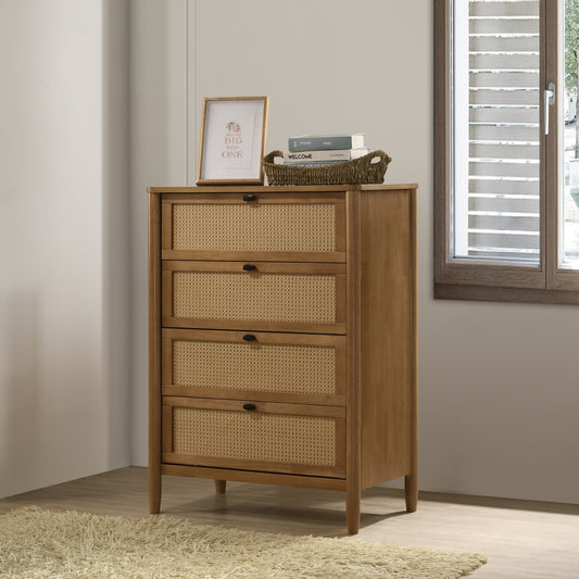 Vichy 4-Drawer Blend – Natural Wood and Rattan Chest with Vintage-Woven Accents
