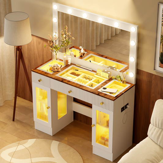 Glowline Studio Console – 43.3" Vanity Desk with Hollywood Mirror, Glass Top, RGB Cabinets & Power Station