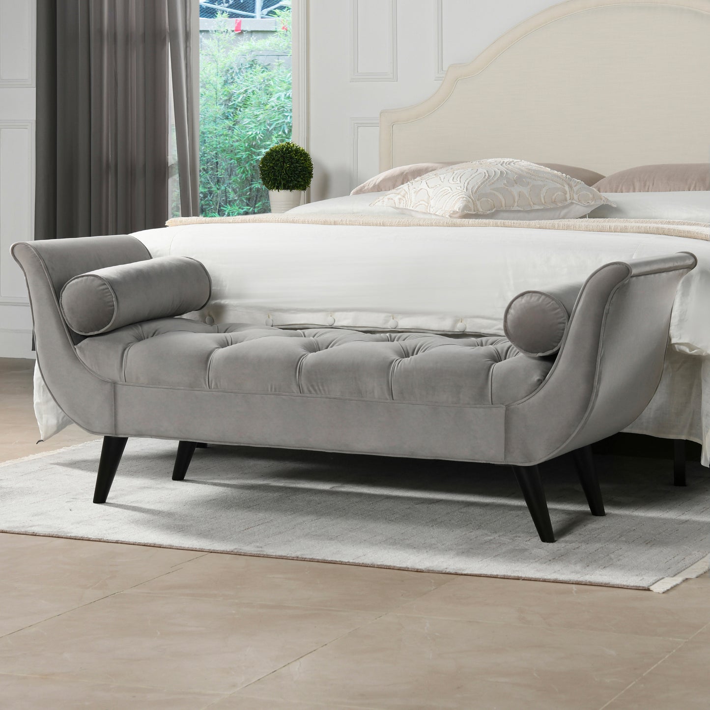 Alma Tufted Bench – Flared Arm Entryway Seat, Opal Gray Velvet