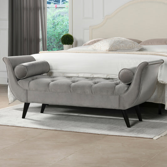 Alma Tufted Bench – Flared Arm Entryway Seat, Opal Gray Velvet