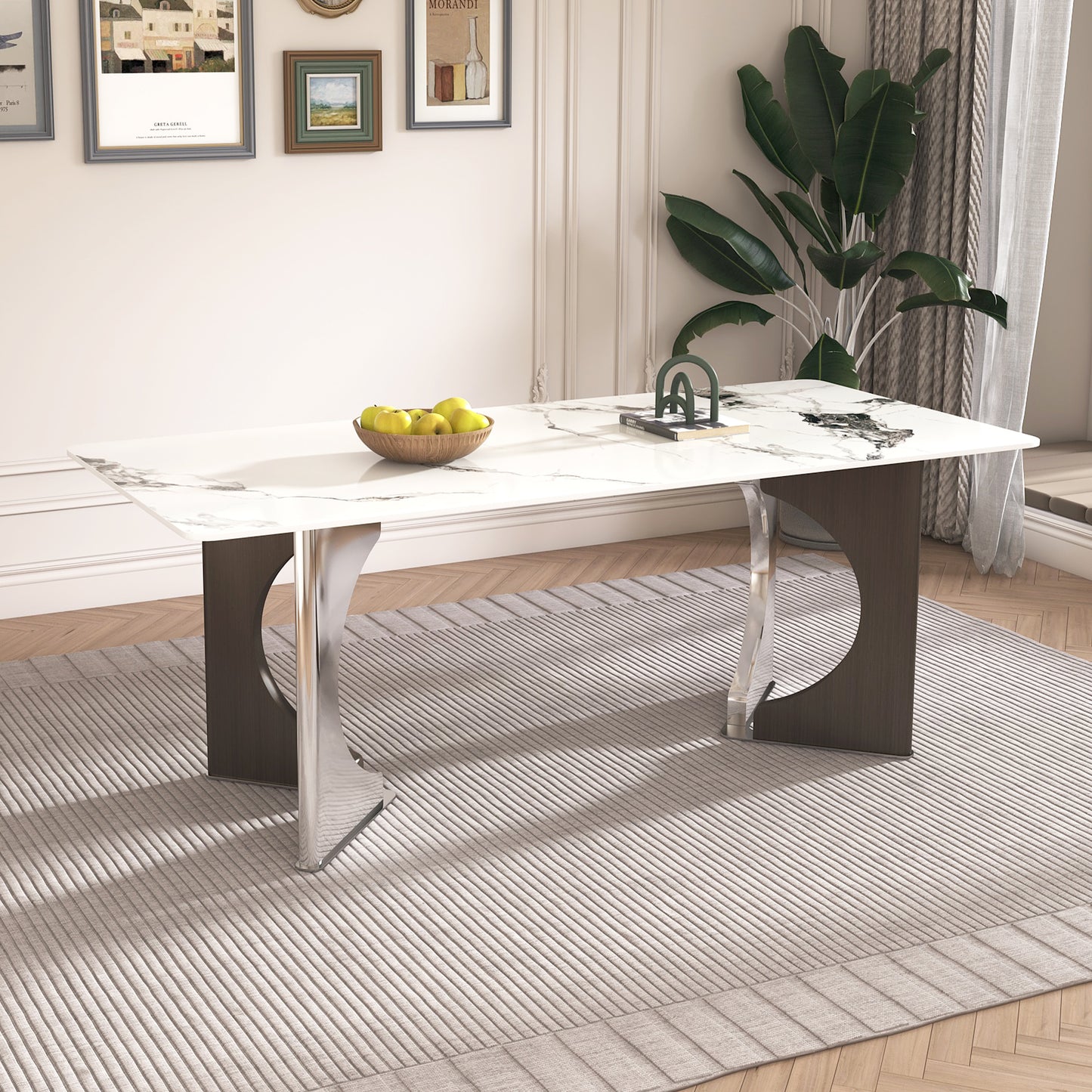 Carino Dining Table – 79'' Carrara Gold Marble Look with Chrome Steel Base