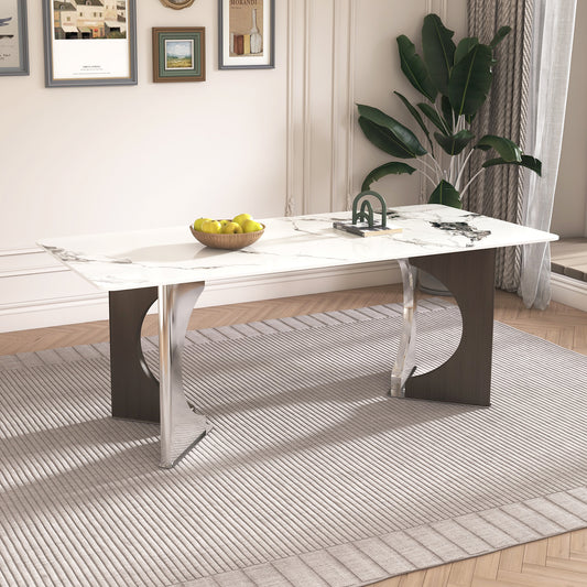 Carino Dining Table – 79'' Carrara Gold Marble Look with Chrome Steel Base