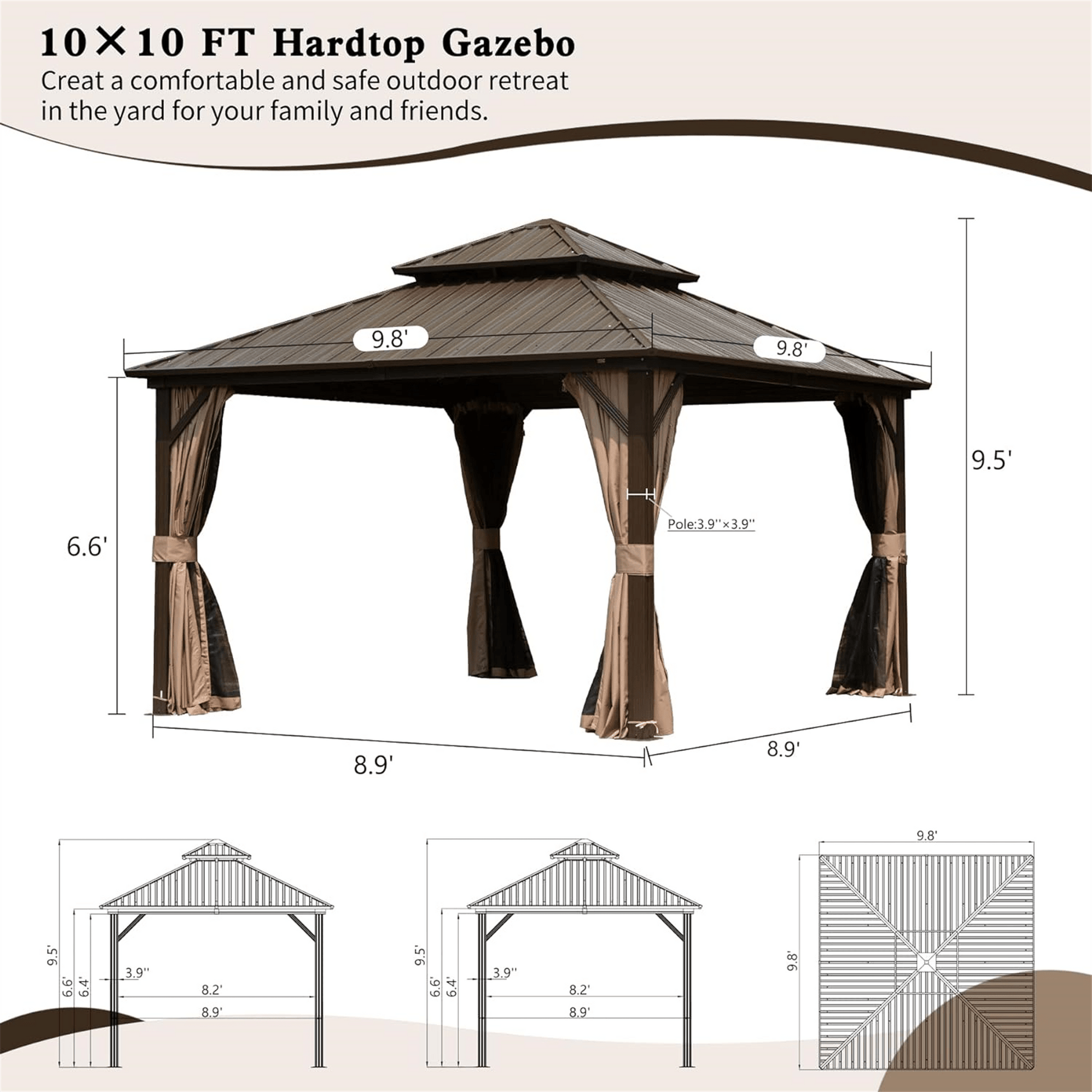 Aurelia 10x10' Hardtop Gazebo – Square Steel Roof Pavilion with Full Curtains (Brown) - JUSTLIVE NESTJUSTLIVE NEST