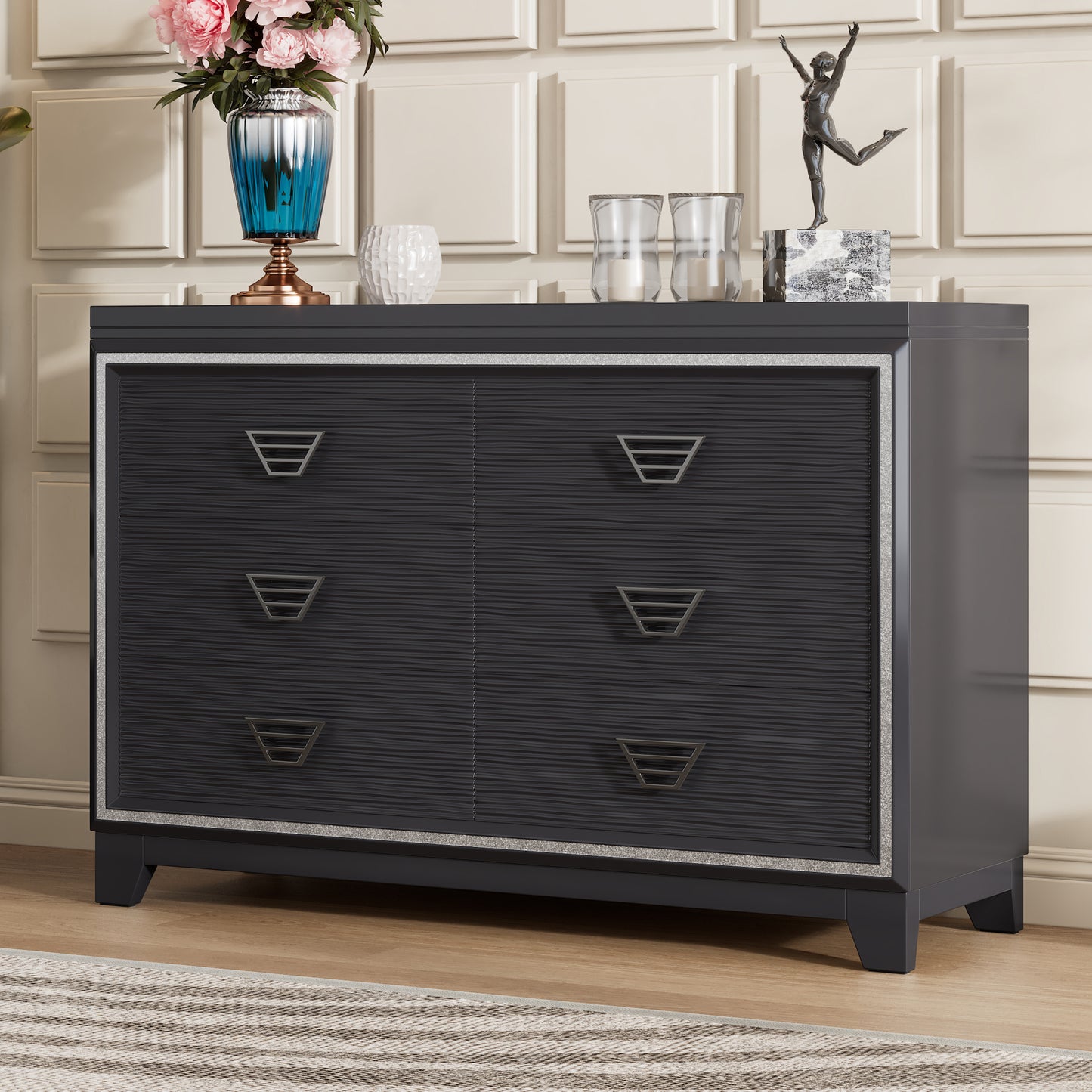 Lumiéra 6‑Drawer Dresser – Black Gloss Finish with Gold Trim, Sparkle Accent Handles