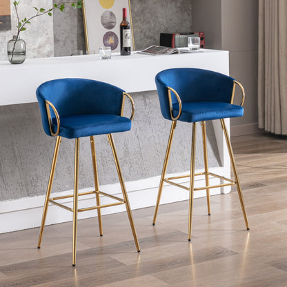 Velora Bar Stools (Set of 2) – Blue Velvet with Gold Legs & Chrome Footrest