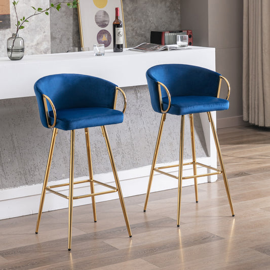 Velora Bar Stools (Set of 2) – Blue Velvet with Gold Legs & Chrome Footrest