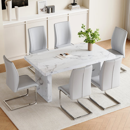 Volara 63" Dining Ensemble – White Veinstone MDF Table with 6 Arcluxe Gray PU Chairs