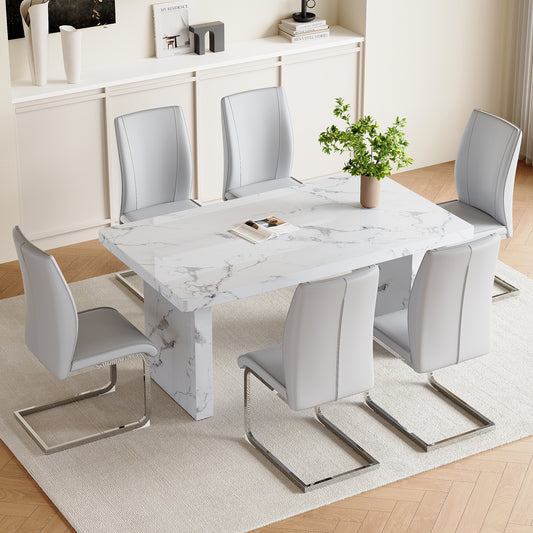 Volara 63" Dining Ensemble – White Veinstone MDF Table with 6 Arcluxe Gray PU Chairs