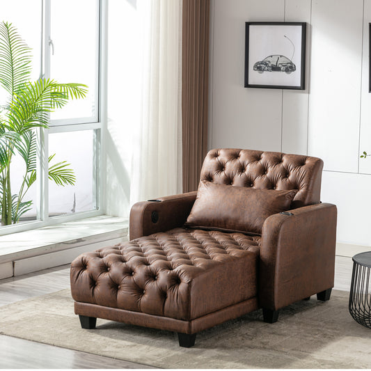 Barry Lounge Chair – Brown Linen Chaise with Tufted Back, Lumbar Pillow & Wireless Charging