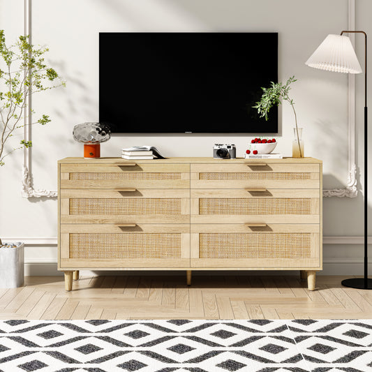 Rivo 59" Rattan Dresser – 6-Drawer Natural Storage Cabinet with Wood Legs