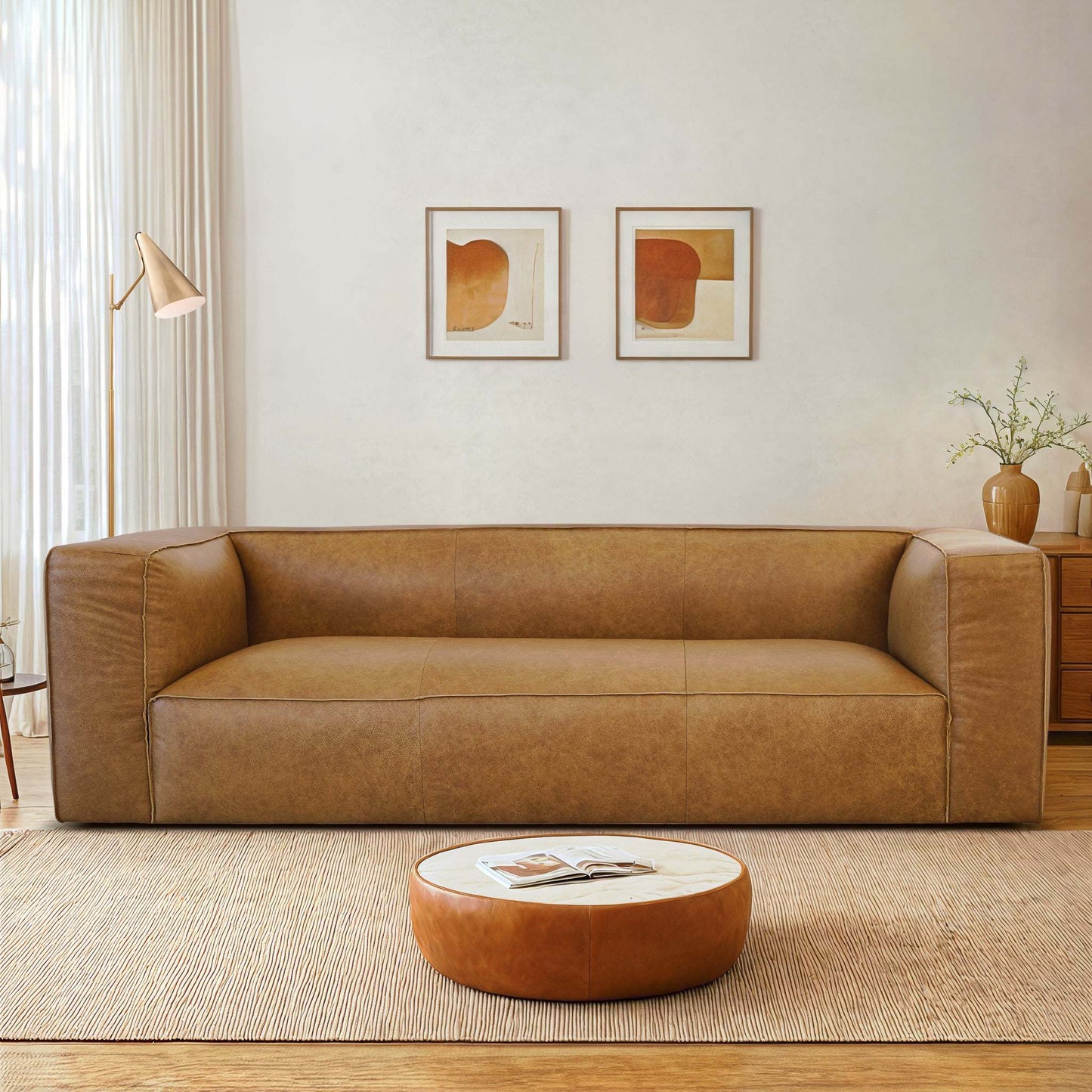 NestEdge ‘TanLuxe” Sofa – Soft Leather Upholstery | Cozy Comfort with a Luxe Touch