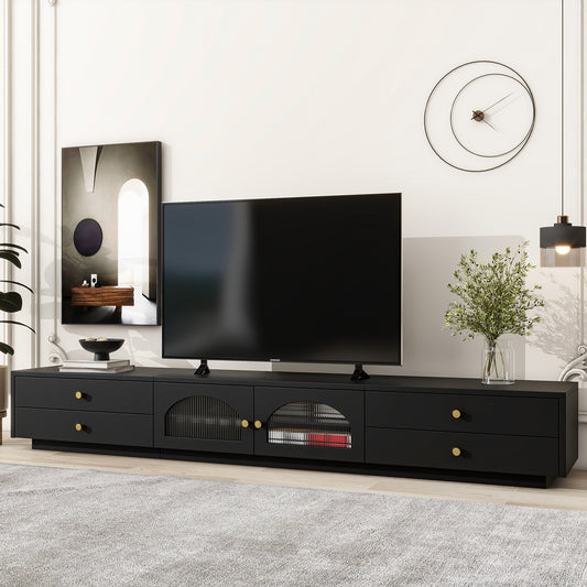 Luntra TV Stand – Black Media Console with Fluted Glass Doors (Up to 95")