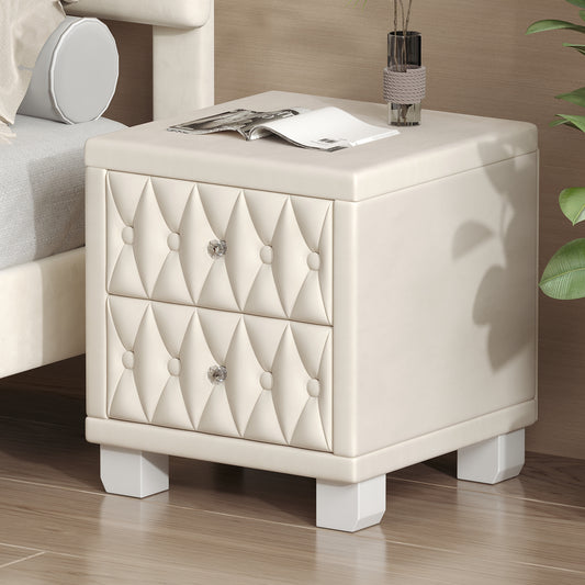 Velvoria Luxe Stand – Beige Velvet Tufted Nightstand with Crystal Handles & 2 Drawers