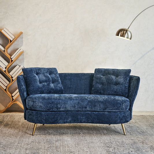 Gildora™ Blue Upholstered Loveseat – Elegant 2-Seater with Gold Metal Legs for Apartments & Cozy Rooms
