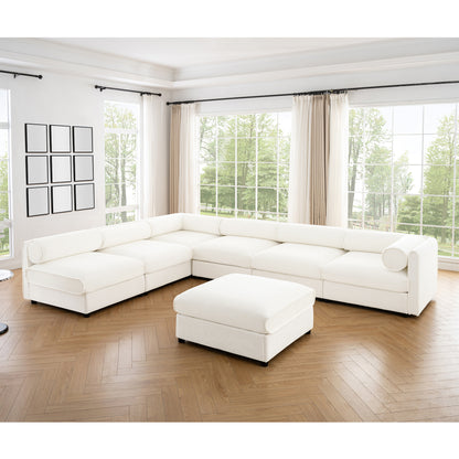 Veluno ‘SnugMod” 6-Piece Sectional – Soft White Chenille | Storage + Contemporary Cylindrical Back & Arms
