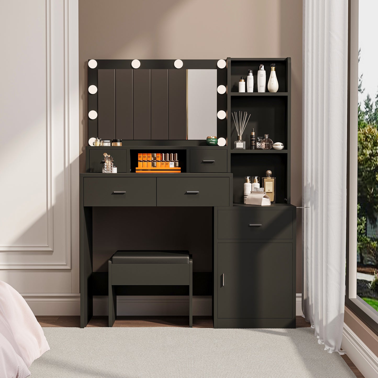 Velora Prep Suite – Black Vanity Set with Mirror, Blow Dryer Rack & Cushioned Mat Station