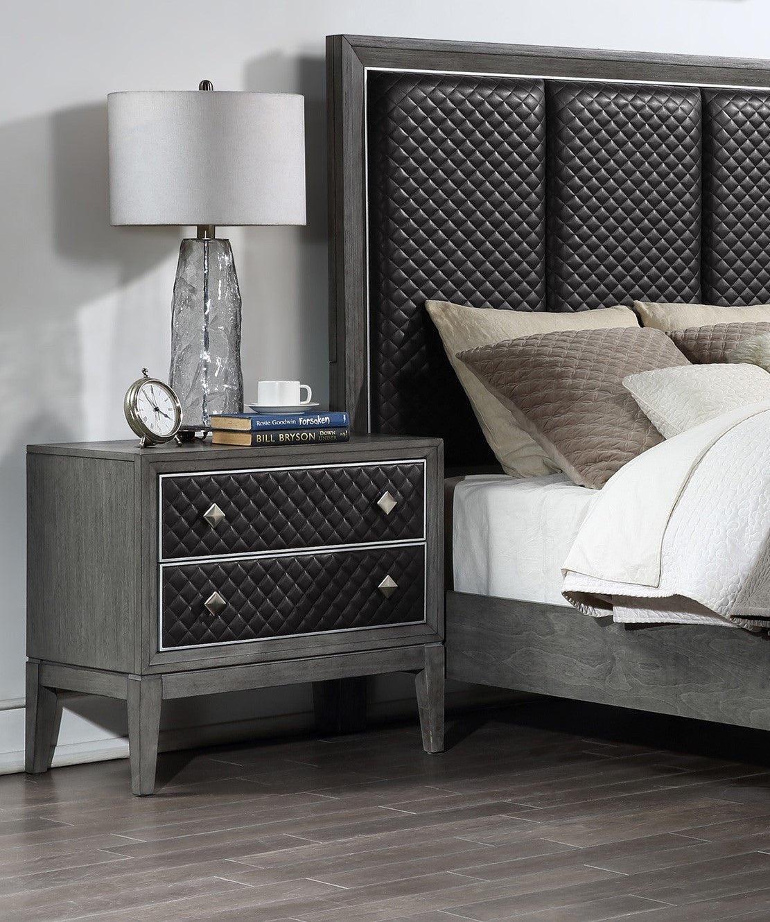 Glistra Luxe Chest – Gray Faux Leather Upholstered 2-Drawer Nightstand with Modern Styling