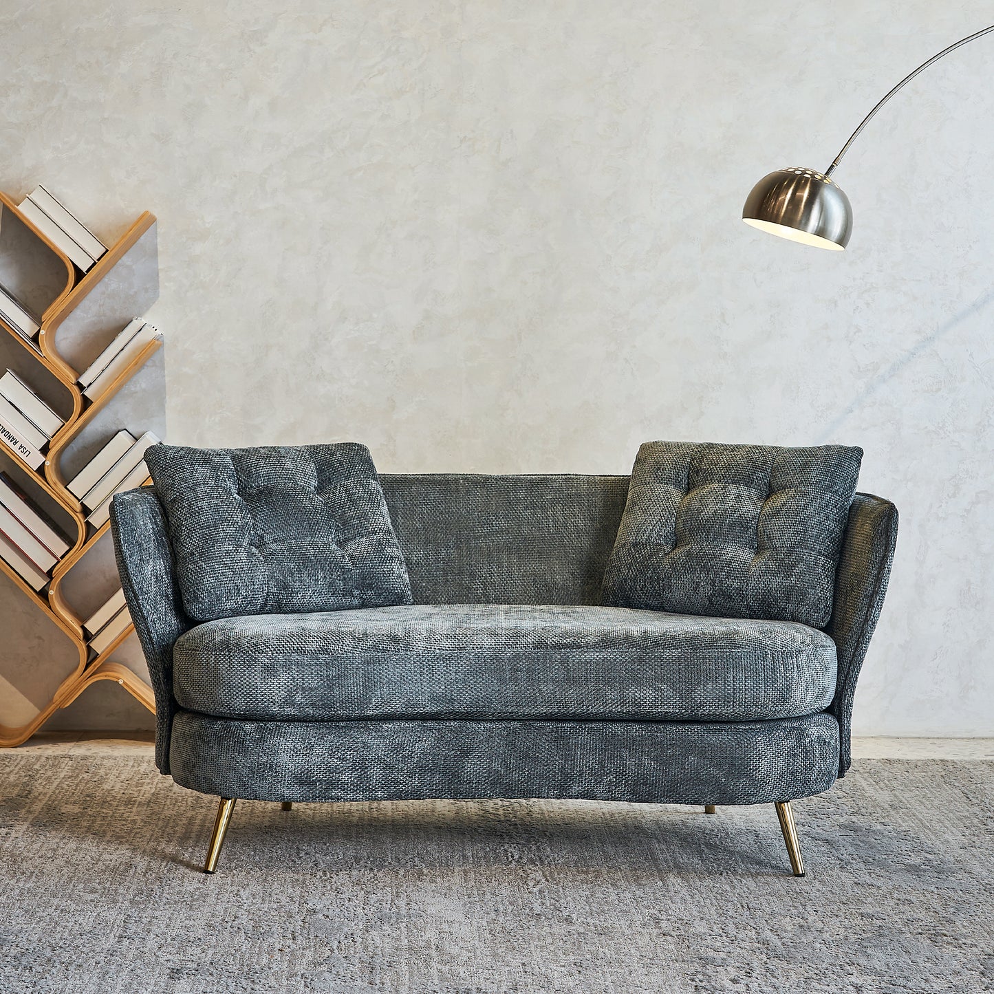 Gildora™ Grey Upholstered Loveseat Chair – Compact 2-Seater with Gold Metal Legs for Stylish Small Spaces