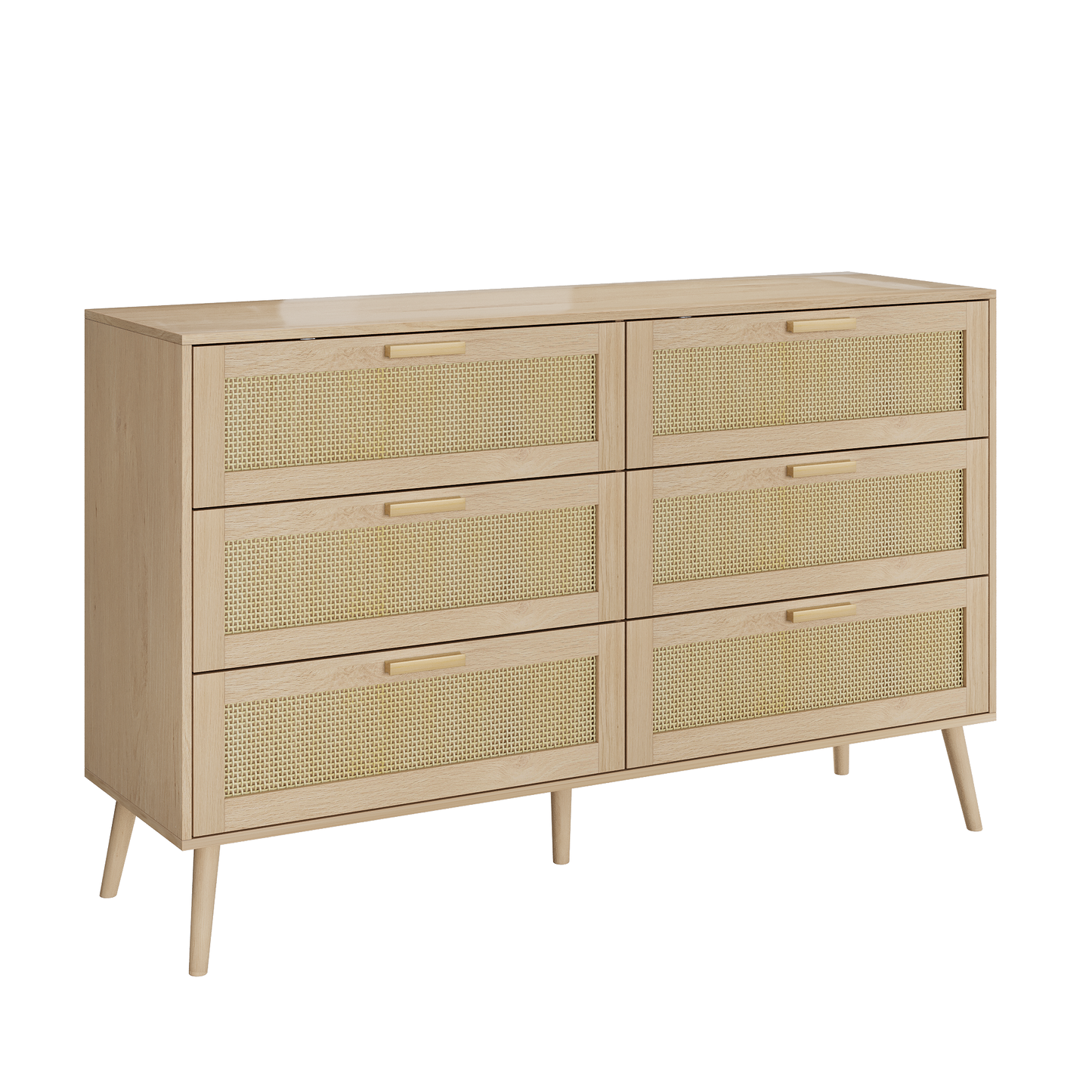 Rattora 6‑Drawer Chest – Natural Rattan & Wood Handles, Wide Bedroom Storage Dresser