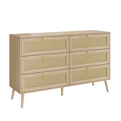 Rattora 6‑Drawer Chest – Natural Rattan & Wood Handles, Wide Bedroom Storage Dresser