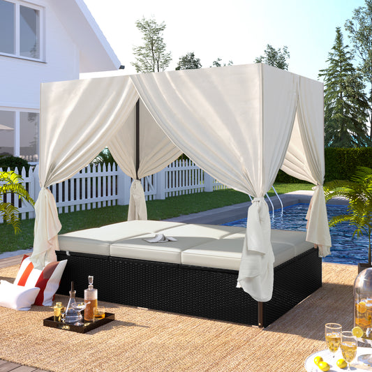 U_Style Wicker Daybed Lounger – Adjustable Rattan Sunbed with Cushions for Patio or Poolside