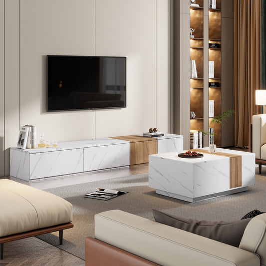 Marvara Set – Faux Marble + Walnut TV Stand & Coffee Table Set – White