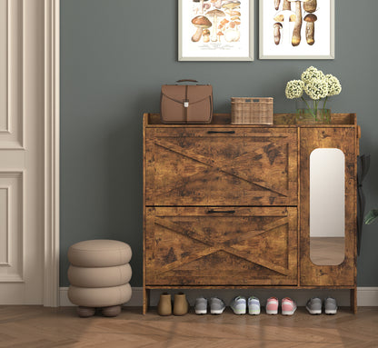 Shovera Flip Cabinet – Rustic Brown Shoe Storage with 2 Drawers & Metal Legs