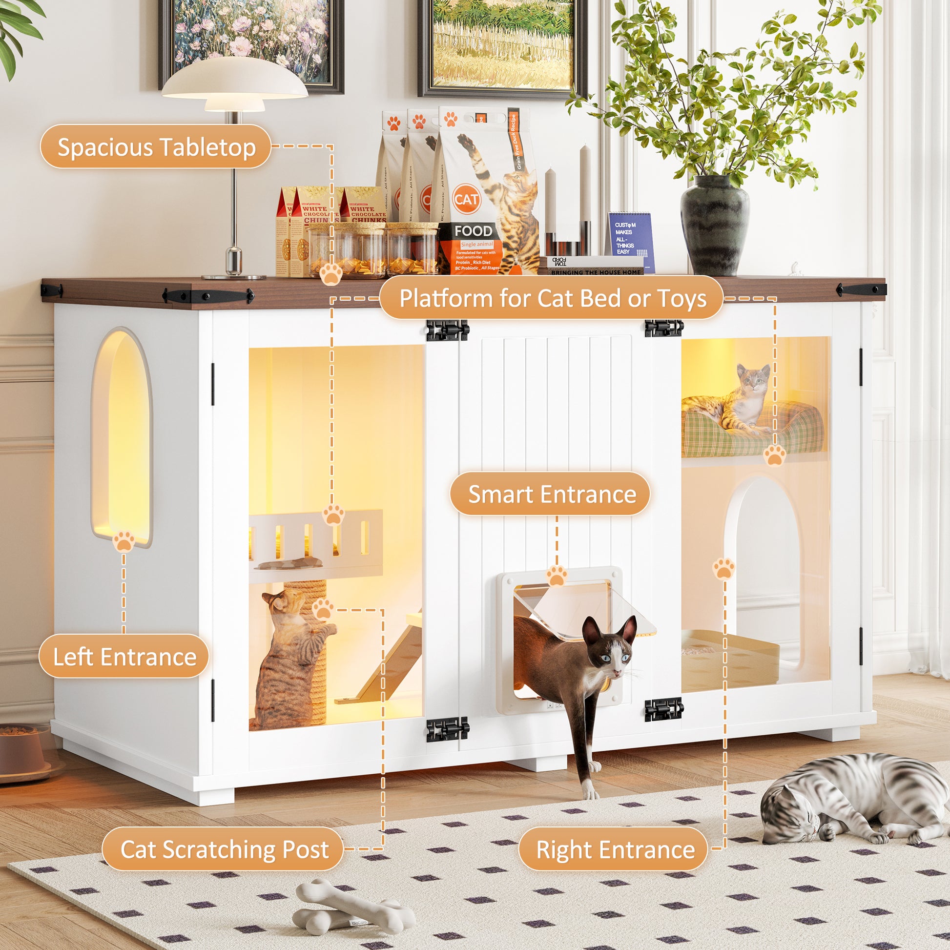 Nuvio 47" Smart Litter Cabinet – White Cat Enclosure with LED Light, Stair Entry, Scratch Panel & Side Table Design - JUSTLIVE NESTJUSTLIVE NEST