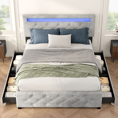 Vionix Full Bed – Upholstered Platform with 4 Drawers & LED Lighting
