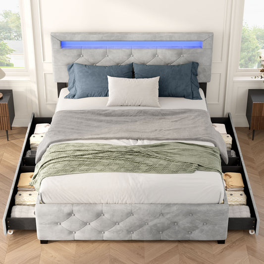 Vionix Queen Bed – Upholstered Platform with LED Headboard & 4 Storage Drawers