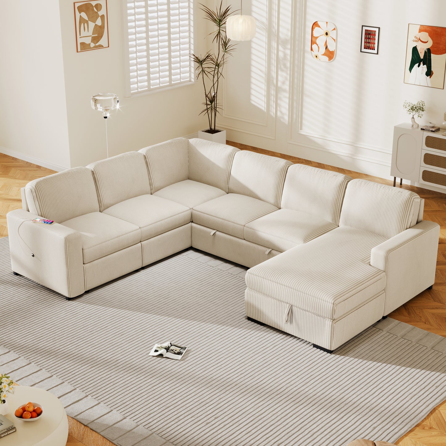 U-Shape Luxe Lounge – 6-Seat Plush Sofa with Storage & Smart Hub