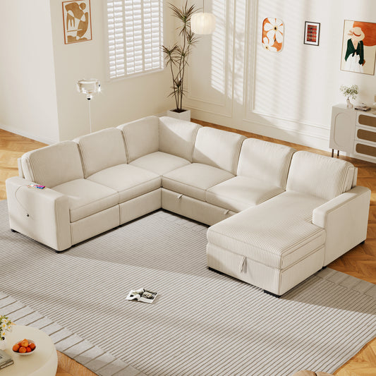 U-Shape Luxe Lounge – 6-Seat Plush Sofa with Storage & Smart Hub