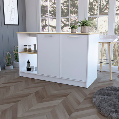 Mercury Kitchen Island – Spacious Storage Cart with Dual Doors & Open Shelves (White)