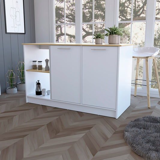 Mercury Kitchen Island – Spacious Storage Cart with Dual Doors & Open Shelves (White)