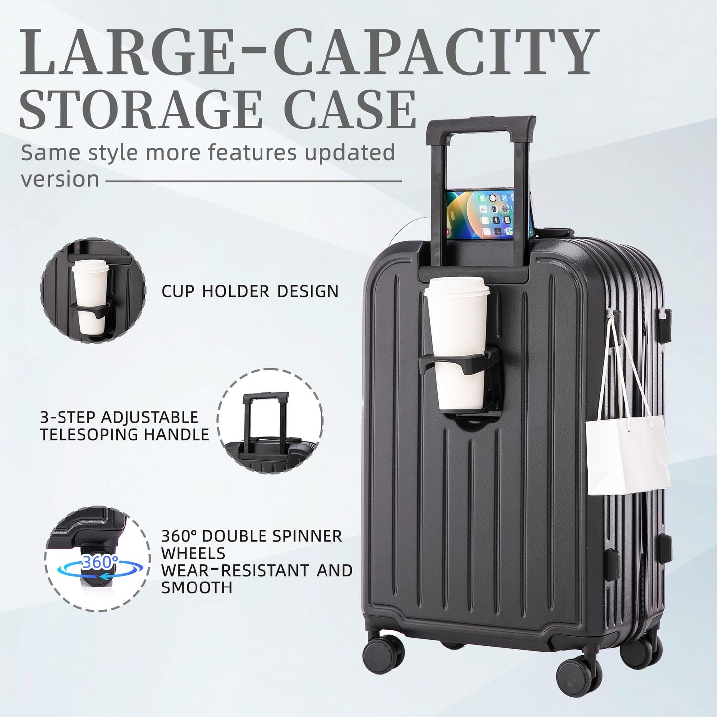 Jetera 3 - Piece ABS Travel Set – Black Spinner Suitcases with USB Port & Cup Holder (20/24/28") - JUSTLIVE NESTJUSTLIVE NEST