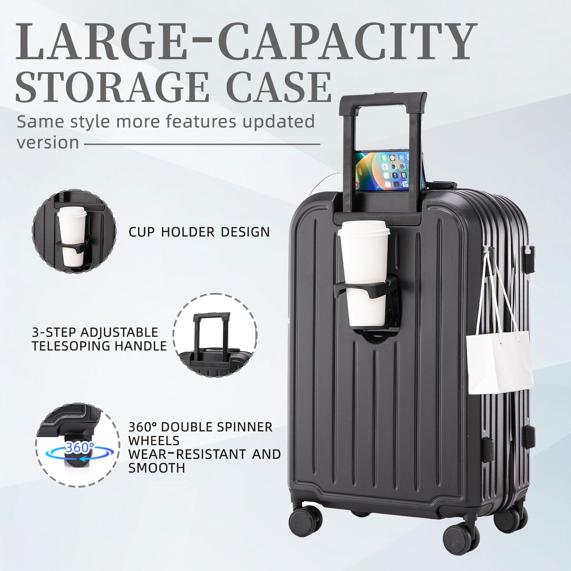 Jetera 3 - Piece ABS Travel Set – Black Spinner Suitcases with USB Port & Cup Holder (20/24/28") - JUSTLIVE NESTJUSTLIVE NEST